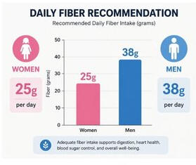 daily-fiber-intake-women-men chart showing recommended daily fiber intake of 25 grams for women and 38 grams for men