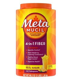 metamucil-4-in-1-fiber-powder Metamucil 4-in-1 fiber powder container for digestion, cholesterol, and blood sugar support