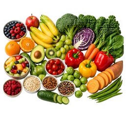 fiber-rich-fruits-vegetables variety of fiber-rich fruits and vegetables including berries, broccoli, carrots, and leafy greens