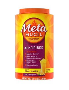 metamucil-4-in-1-fiber-powder Metamucil 4-in-1 fiber powder container for digestion, cholesterol, and blood sugar support
